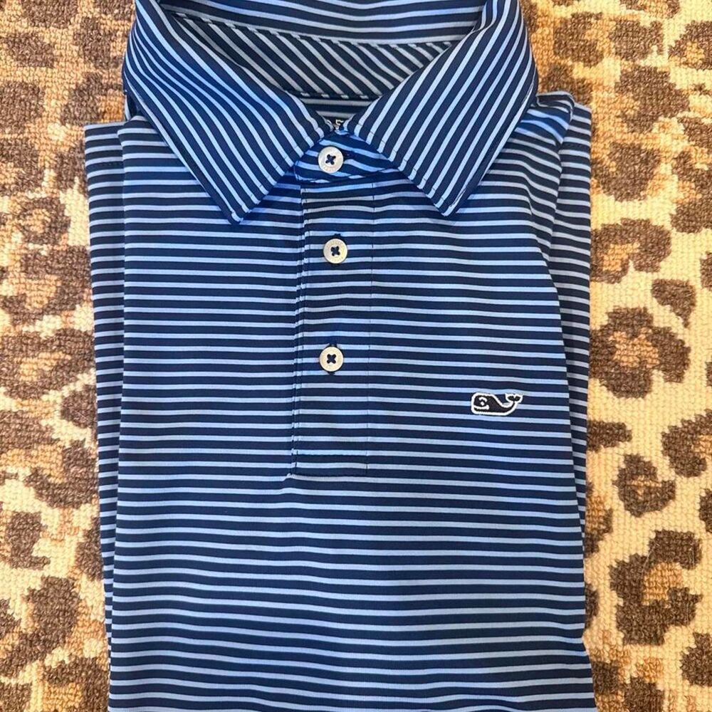 Vineyard Vines Boys Sankaty Performance Polo M 12-14 Blue Striped Preppy Golf